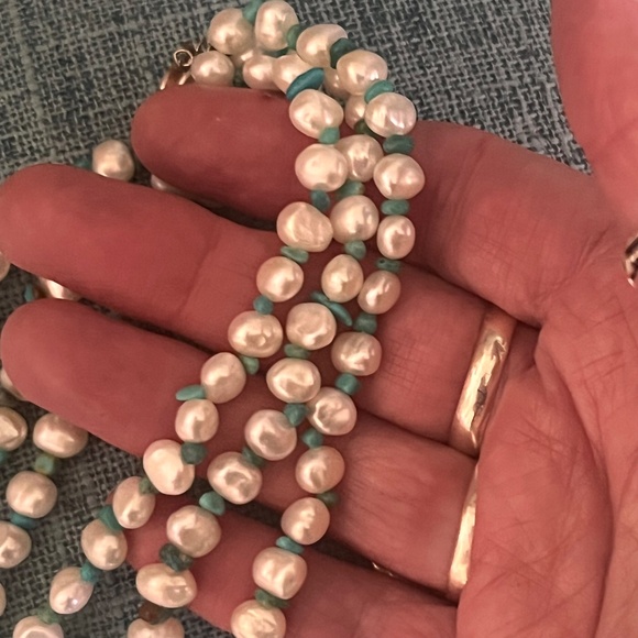 Rare Fresh Water Pearls & Turquoise Three Strand Necklace - Picture 12 of 14
